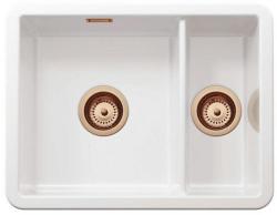 Ausmann Ceramic Ember Keramický bílý jednoapůltorový dřez na montáž na vrch i spodek 495 x 370 mm s měděnými zátkami 1208971514