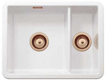 Ausmann Ceramic Ember Keramický bílý jednoapůltorový dřez na montáž na vrch i spodek 495 x 370 mm s měděnými zátkami 1208971514