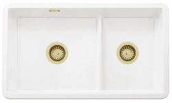 Ausmann Ceramic Ember Keramický Bílý Jednoapůltorový Dřez Nástavba a Podstavba 733 x 401 mm s Zlatými zátkami 1208971518