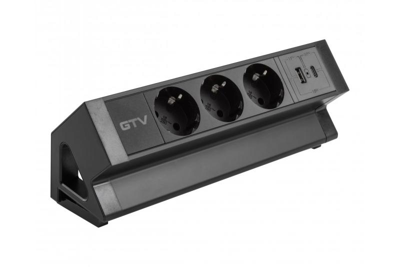 Nábytková zásuvka BASCO, 3x SHUKO, USB A+C, kabel 1,5 m, černá