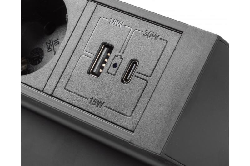 Nábytková zásuvka BASCO, 3x SHUKO, USB A+C, kabel 1,5 m, černá