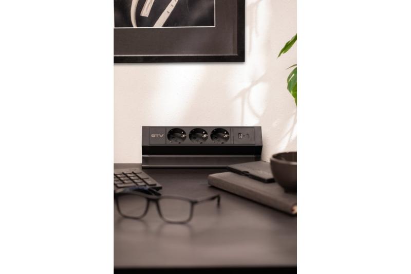 Nábytková zásuvka BASCO, 3x SHUKO, USB A+C, kabel 1,5 m, černá