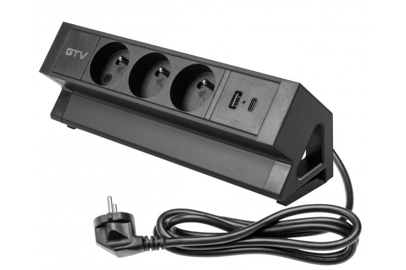 Basco nábytková zásuvka, 3 x zásuvka s uzemněním, USB A+C, 1,5m kabel, černá s montáží