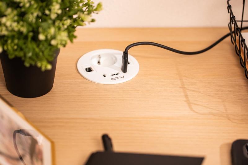 Nábytková zásuvka RONDO, 1xSHUKO, 1xUSB-A, 2xUSB-C, HDMI, RJ45 kabel 1,5 m, bílá