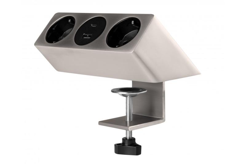 Nábytková zásuvka SOFITO, 2xSHUKO, USB A+C, kabel 1,5 m, nerezová ocel