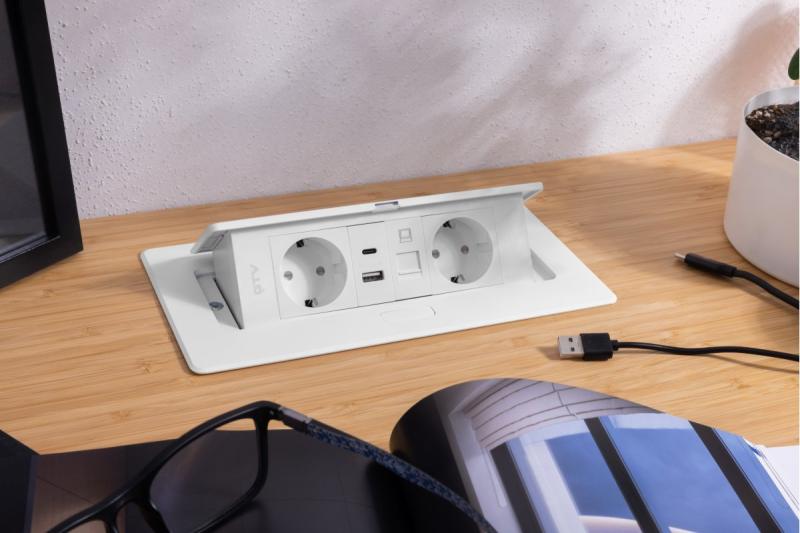 Nábytková zásuvka MULTISOFT, 2xSHUKO, USB A+C, RJ45, kabel 1.5 m, bílá