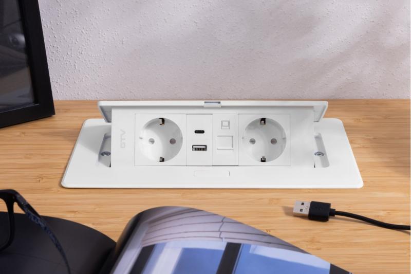 Nábytková zásuvka MULTISOFT, 2xSHUKO, USB A+C, RJ45, kabel 1.5 m, bílá