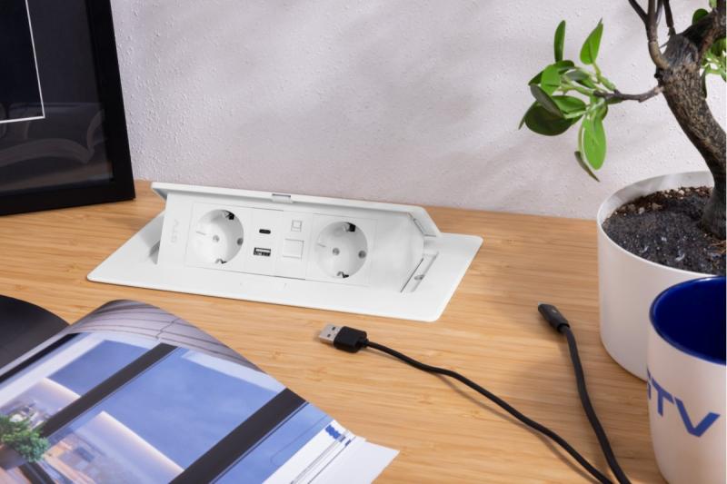 Nábytková zásuvka MULTISOFT, 2xSHUKO, USB A+C, RJ45, kabel 1.5 m, bílá