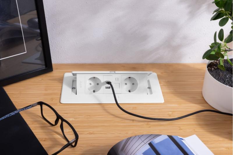 Nábytková zásuvka MULTISOFT, 2xSHUKO, USB A+C, RJ45, kabel 1.5 m, bílá