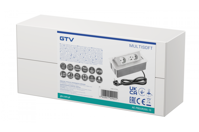 Nábytková zásuvka MULTISOFT, 2xSHUKO, USB A+C, RJ45, kabel 1.5 m, bílá