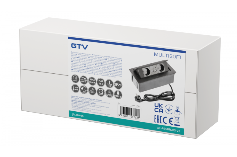 Nábytková zásuvka MULTISOFT, 2xSHUKO, USB A+C, RJ45, kabel 1,5 m, černá