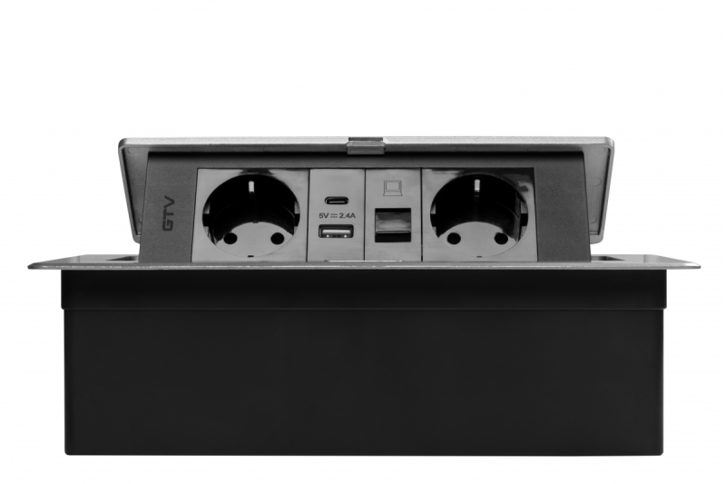 Nábytková zásuvka MULTISOFT, 2xSHUKO, USB A+C, RJ45, kabel 1,5 m, hliník