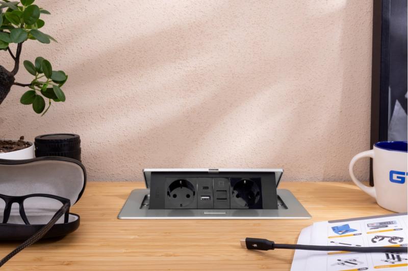 Nábytková zásuvka MULTISOFT, 2xSHUKO, USB A+C, RJ45, kabel 1,5 m, hliník