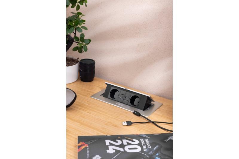 Nábytková zásuvka MULTISOFT, 2xSHUKO, USB A+C, RJ45, kabel 1,5 m, hliník