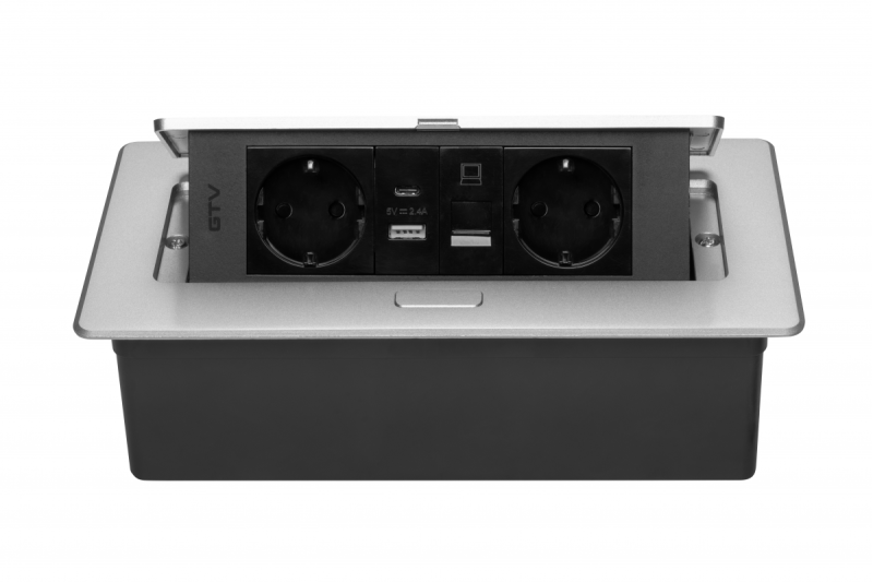 Nábytková zásuvka MULTISOFT, 2xSHUKO, USB A+C, RJ45, kabel 1,5 m, hliník