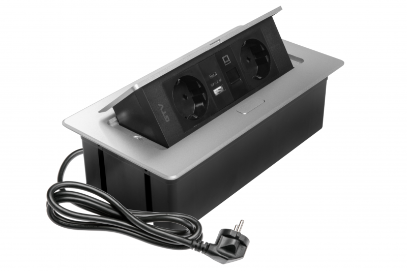 Nábytková zásuvka MULTISOFT, 2xSHUKO, USB A+C, RJ45, kabel 1,5 m, hliník