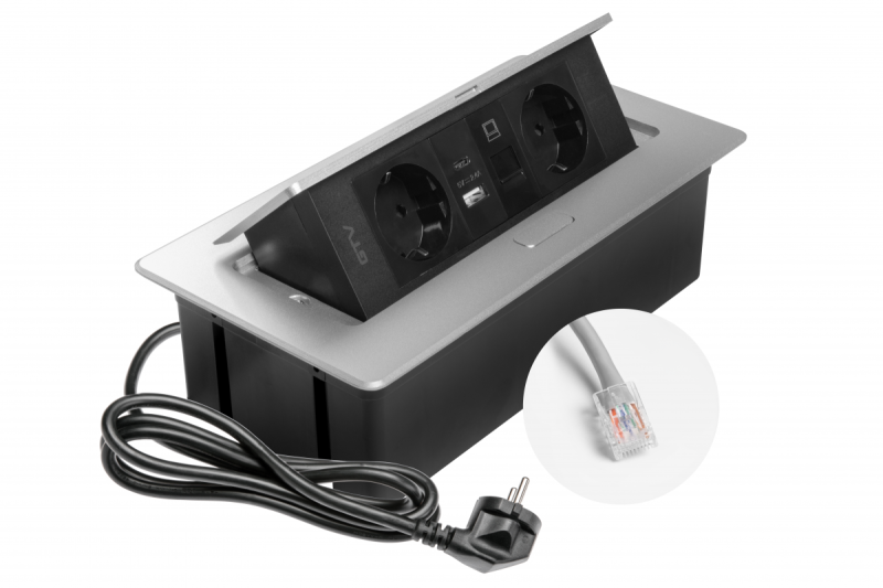 Nábytková zásuvka MULTISOFT, 2xSHUKO, USB A+C, RJ45, kabel 1,5 m, hliník