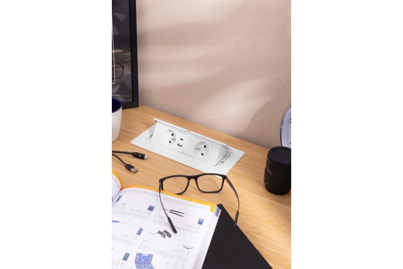 MULTISOFT Nábytková zásuvka 2x zásuvka s uzemněním, USB A+C, RJ45, napájecí kabel s vidlicí, bílá