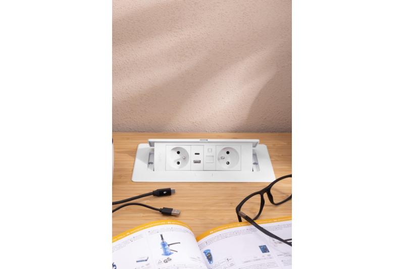 MULTISOFT Nábytková zásuvka 2x zásuvka s uzemněním, USB A+C, RJ45, napájecí kabel s vidlicí, bílá