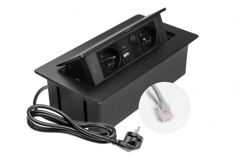 MULTISOFT Nábytková zásuvka 2x zásuvka s uzemněním, USB A+C, RJ45, napájecí kabel se zástrčkou, černá