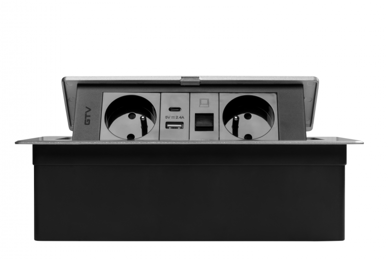 MULTISOFT Nábytková zásuvka 2x zásuvka s uzemněním, USB A+C, RJ45, napájecí kabel s vidlicí, hliník