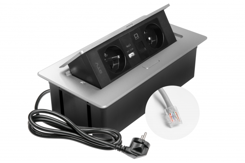 MULTISOFT Nábytková zásuvka 2x zásuvka s uzemněním, USB A+C, RJ45, napájecí kabel s vidlicí, hliník