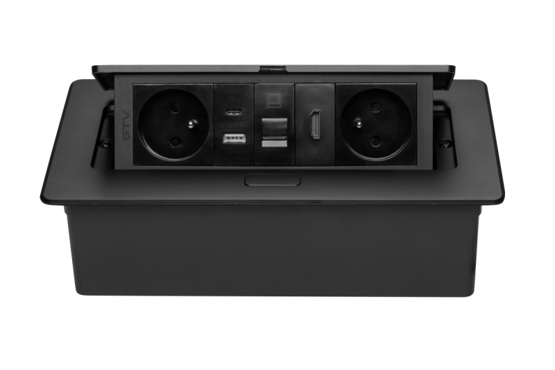 Nábytková zásuvka MULTISOFT, 2xSHUKO, USB A+C, RJ45, HDMI kabel 1,5 m, černá