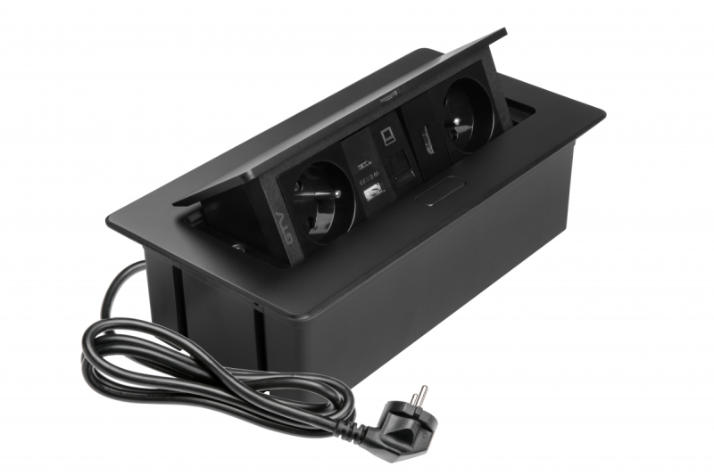 Nábytková zásuvka MULTISOFT, 2xSHUKO, USB A+C, RJ45, HDMI kabel 1,5 m, černá