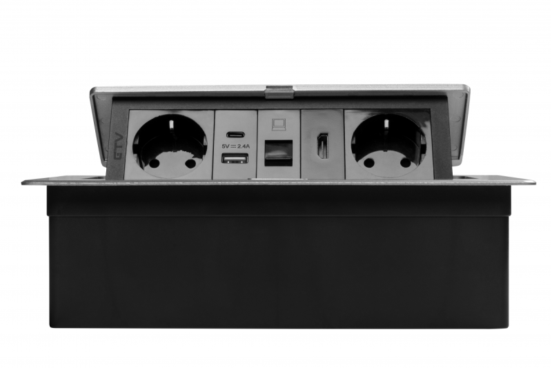 Nábytková zásuvka MULTISOFT, 2xSHUKO, USB A+C, RJ45, HDMI kabel 1,5 m, hliník