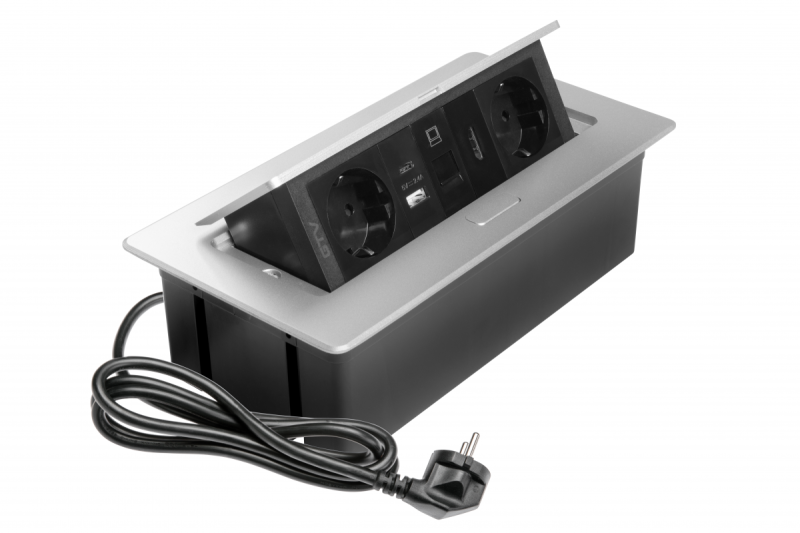 Nábytková zásuvka MULTISOFT, 2xSHUKO, USB A+C, RJ45, HDMI kabel 1,5 m, hliník