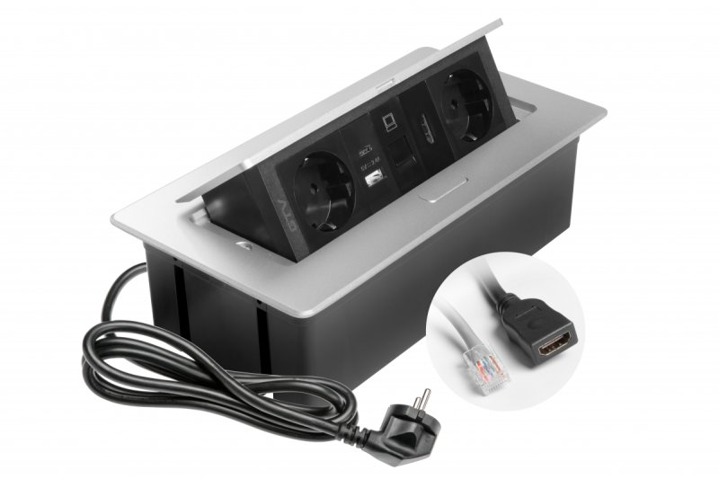 Nábytková zásuvka MULTISOFT, 2xSHUKO, USB A+C, RJ45, HDMI kabel 1,5 m, hliník