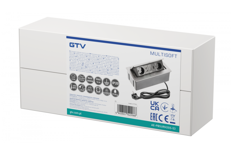 Nábytková zásuvka MULTISOFT, 2xSHUKO, USB A+C, RJ45, HDMI kabel 1,5 m, hliník