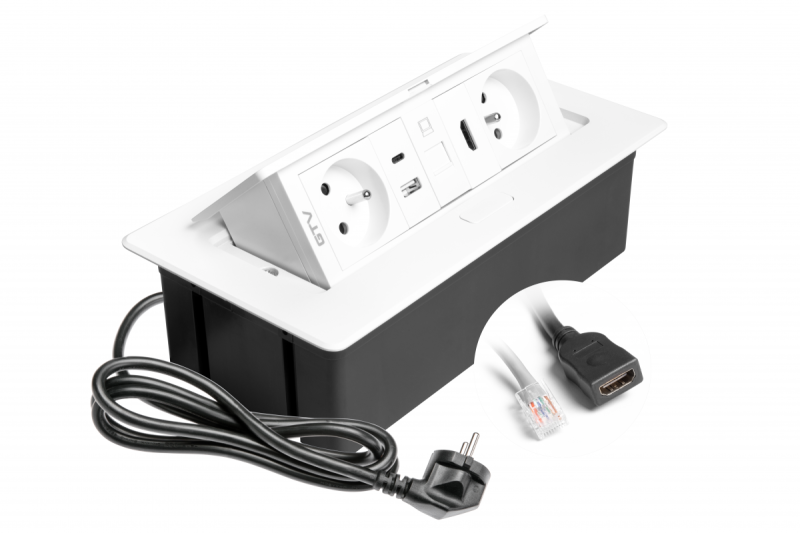 MULTISOFT nábytková zásuvka 2x zásuvka s uzemněním, USB A+C, RJ45, HDMI, napájecí kabel se zástrčkou, bílá