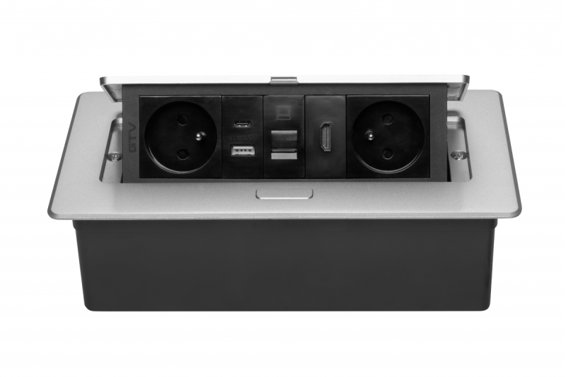 MULTISOFT nábytková zásuvka 2x zásuvka s uzemněním, USB A+C, RJ45, HDMI, napájecí kabel se zástrčkou, hliník