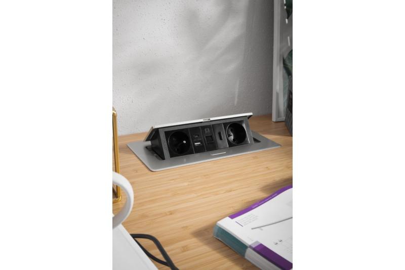 MULTISOFT nábytková zásuvka 2x zásuvka s uzemněním, USB A+C, RJ45, HDMI, napájecí kabel se zástrčkou, hliník