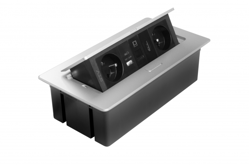 MULTISOFT nábytková zásuvka 2x zásuvka s uzemněním, USB A+C, RJ45, HDMI, napájecí kabel se zástrčkou, hliník