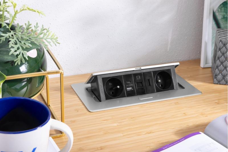 MULTISOFT nábytková zásuvka 2x zásuvka s uzemněním, USB A+C, RJ45, HDMI, napájecí kabel se zástrčkou, hliník