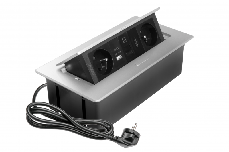 MULTISOFT nábytková zásuvka 2x zásuvka s uzemněním, USB A+C, RJ45, HDMI, napájecí kabel se zástrčkou, hliník