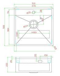 Pure.Sink Luxion Měděný dřez 51x50 cm Tapwing s otvorem pro baterii PLX5150T-62