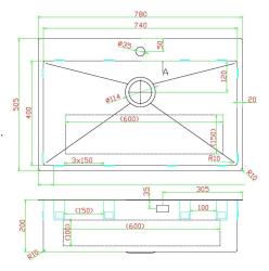 Pure.Sink Luxion Velký měděný dřez 78x50 cm Tapwing s otvorem pro baterii PLX7850T-62