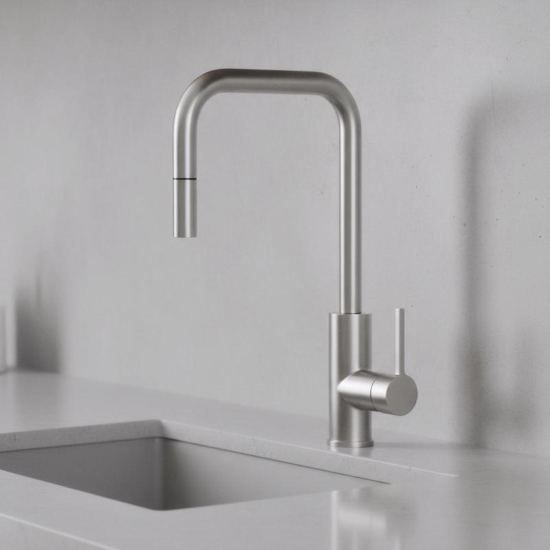 Pure.Sink Luxion masivní nerezová kuchyňská baterie čtvercová s výsuvnou hubicí PLXSQUA-02