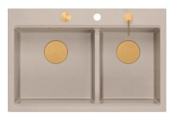 Quadri Hard Rock Dvojitý Beige Granitový Nástavbový Dřez 76x50 cm s Měděným Uzavíracím Čepem a Příslušenstvím 1208971726