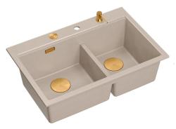 Quadri Hard Rock Dvojitý Beige Granitový Nástavbový Dřez 76x50 cm s Měděným Uzavíracím Čepem a Příslušenstvím 1208971726