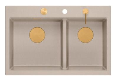 Quadri Hard Rock Dvojitý Beige Granitový Nástavbový Dřez 76x50 cm s Měděným Uzavíracím Čepem a Příslušenstvím 1208971726