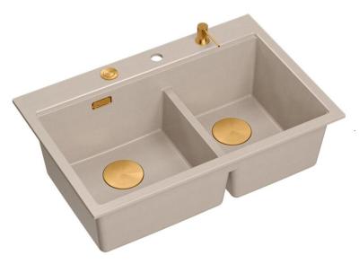 Quadri Hard Rock Dvojitý Beige Granitový Nástavbový Dřez 76x50 cm s Měděným Uzavíracím Čepem a Příslušenstvím 1208971726