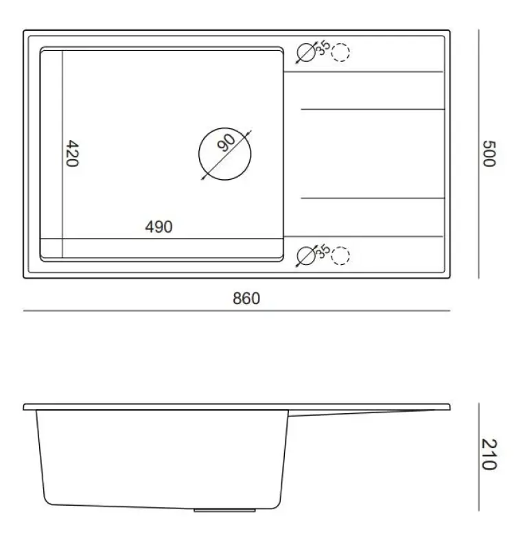 Čtvercový Luton pearl beige granitový velký nástavbový dřez s odkapávací plochou reverzibilní 86x50cm s měděným zátkou 1208971773