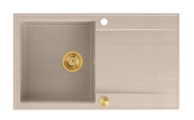 Quadri Luton pearl beige granitový nástavbový dřez s odkapávací plochou, reverzibilní 86x50cm s zlatou zátkou 1208971778