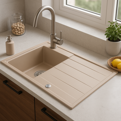 Quadri Luton perleťově béžový granitový nástavný dřez s odkapávací plochou, otočný 86x50cm s nerezovou zátkou 1208971779