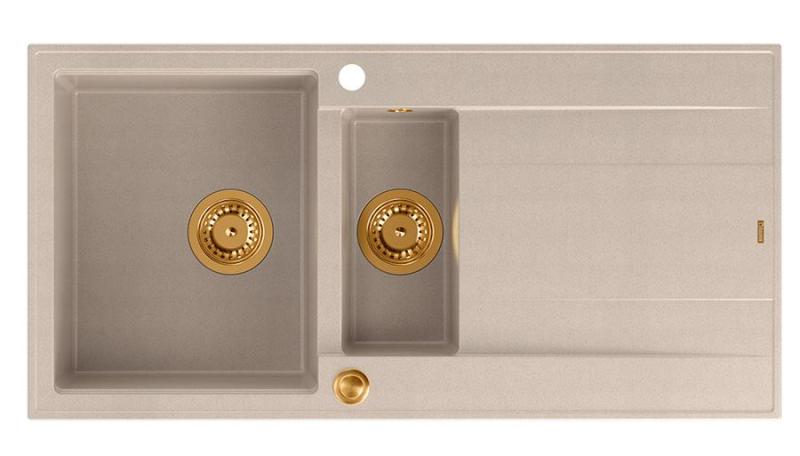 Quadri Luton pearl beige granitový nástavbový dřez s 1,5 dřezem s odkapávací plochou, reverzibilní 100x50cm s měděným zátkou 1208971792