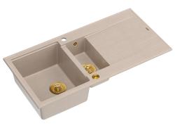 Quadri Luton beige granitový nástavbový dřez s 1,5 komorou a odmykací plochou, reverzibilní 100x50cm s zlatým zátkou 1208971793